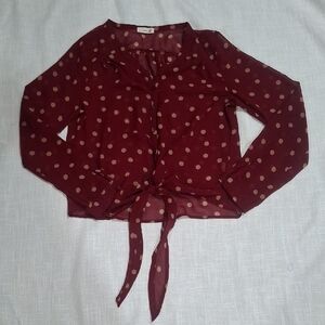 Mine Women's Burgundy Polka Dot Tie-Front Blouse Size L